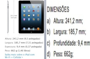 Um dos exemplos: dimensões informadas no site da Apple, na imagem da esquerda, e dimensões exigidas na licitação da PGR, na imagem da direita 